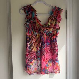 Bisou Bisou Michele Bohbot Pink Floral Patchwork Ruffle Empire Waist Top Large